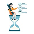 A businesswoman sitting on an hourglass while completing a checklist, symbolizing efficient scheduling