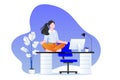 Businesswoman sitting in lotus pose on office desk. Office yoga break. Vector illustration. Relaxing time at work Royalty Free Stock Photo