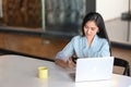 Businesswoman sitting at office desk and using mobile phone. Royalty Free Stock Photo
