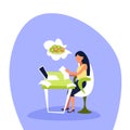 Businesswoman sitting office using laptop thinking about vegetable salad dream lunch concept cartoon character full