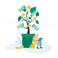 Businesswoman Sitting on Pile of Golden Coins near Huge Pot with Money Tree, Dollar Banknotes Hanging on Branches Royalty Free Stock Photo