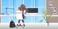 Businesswoman sitting at workplace desk coronavirus epidemic protection self isolation remote work