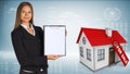 Businesswoman and small house with label for the