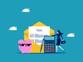 Businesswoman and smart piggy bank with tax calculation. Think Taxes Smartly