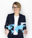 Businesswoman Smiling Happiness Global Business World Map Royalty Free Stock Photo