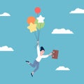 Businesswoman soars up on balloon. Female office characters flying up with suitcase, soaring in clouds. Dreaming, self