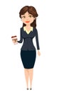 Businesswoman standing with coffee. Cute cartoon character.