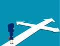 Businesswoman standing confused direction. Concept cute business vector illustration. Crossroad, Opportunity, Confusion