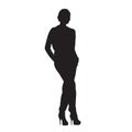 Businesswoman standing with hands in pockets, isolated vector silhouette