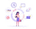 Businesswoman is standing and holding briefcase with office icons on the background. Multitasking and time management concept.