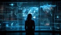 Businesswoman standing, looking at glowing cityscape outline generated by AI