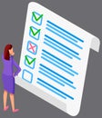 Businesswoman standing near big checklist and summarizing results. Online business survey concept