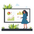 Businesswoman standing near the blackboard making a presentation. Indicates and explains the diagram, gives report Royalty Free Stock Photo