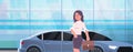 Businesswoman standing near luxury car woman in formal wear holding suitcase going to work business concept flat Royalty Free Stock Photo