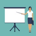 Businesswoman standing near whiteboard making presentation