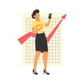 Businesswoman standing with notebook and mobile phone for business in front of sales graphical chart Royalty Free Stock Photo