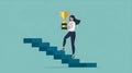 Businesswoman standing on stairs and holding trophy cup. Royalty Free Stock Photo
