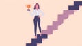 Businesswoman standing on stairs and holding trophy cup. Royalty Free Stock Photo