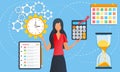 Businesswoman is standing among task icons. Female doing multitasking work at office. Effective time management. Tasks planning. Royalty Free Stock Photo