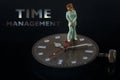 Businesswoman standing on watch under time pressure. Time management concept. macro