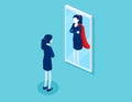 Businesswoman stands in front of a mirror is reflected as a superman.The motivation for success in business, Isometric vector