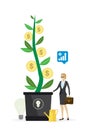 Businesswoman stands near money tree on which coins grow. Female worker grows profit plant. Startup concept. Brainstorming,