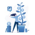 Businesswoman stands near pot and holds money tree. Female investor grows profit plant with dollar coins. Venture fund and Royalty Free Stock Photo