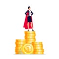 Businesswoman stands on a pile of coins.