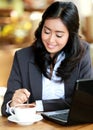 Businesswoman stirring her coffee