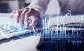 Businesswoman or stock trader analyzing stock graph chart by fibonacci indicator side view business woman using laptop to buy or