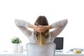 Businesswoman stretching relaxing on moment in her office. Satisfied with work done concept.