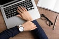 Businesswoman with stylish wrist watch working at office table, top view Royalty Free Stock Photo