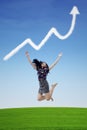 Businesswoman success jump on profit graph cloud Royalty Free Stock Photo