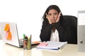 Businesswoman suffering stress working at office computer desk worried desperate