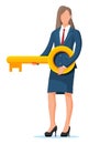 Businesswoman in suit holding big golden key. Royalty Free Stock Photo