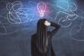 Businesswoman in suit looking on drawing  light bulb blackboard Royalty Free Stock Photo