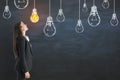 Businesswoman in suit looking on drawing yellow lightbulbs Royalty Free Stock Photo