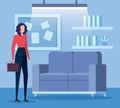 businesswoman with suitcase and sofa with noteboard and bookcase