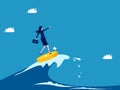 Businesswoman surfing sea waves with coins. The concept of going through a crisis with money Royalty Free Stock Photo