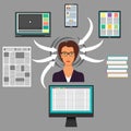 Businesswoman surrounded by gadgets, books and newspaper. Computer, smartphone, tablet, laptop and arrows to the woman s head. Pro