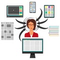 Businesswoman surrounded by gadgets, books and newspaper. Computer, smartphone, tablet, laptop and arrows to the woman s head. Pro