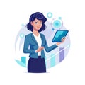 Businesswoman with Tablet Analyzing Data and Growth Charts in Flat Vector Illustration Royalty Free Stock Photo