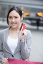 Businesswoman take a credit card Royalty Free Stock Photo