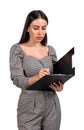 Businesswoman take note in clipboard, serious look, isolated ove Royalty Free Stock Photo