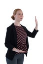 Businesswoman taking oath against white background Royalty Free Stock Photo