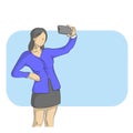 businesswoman taking selfie with blue blank space illustration vector hand drawn isolated on white background