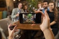 Businesswoman Taking Selfie Young Business People Group Drink Wine Sitting Restaurant Table, Friends Hold Glasses Clink