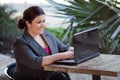 Businesswoman - Telecommuting from Internet Cafe Royalty Free Stock Photo