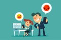 Businesswoman texting while at work with angry boss stand behide her