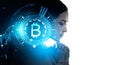 Businesswoman think and bitcoin icon with circuit, digital holog